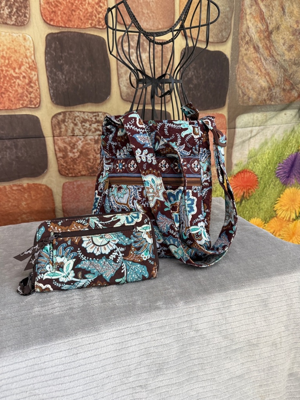 Vera Bradley Brown and Teal Floral Quilted Shoulder Bag with Matching Wristlet